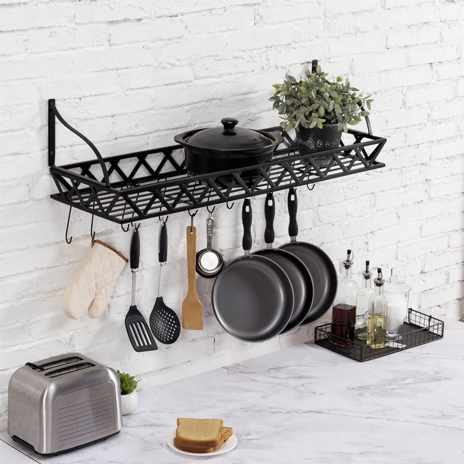 Black Metal Rectangular Wall Mounted Kitchen Pot Rack with 12 Hanging Hooks LuxuryLifeWay Online Store