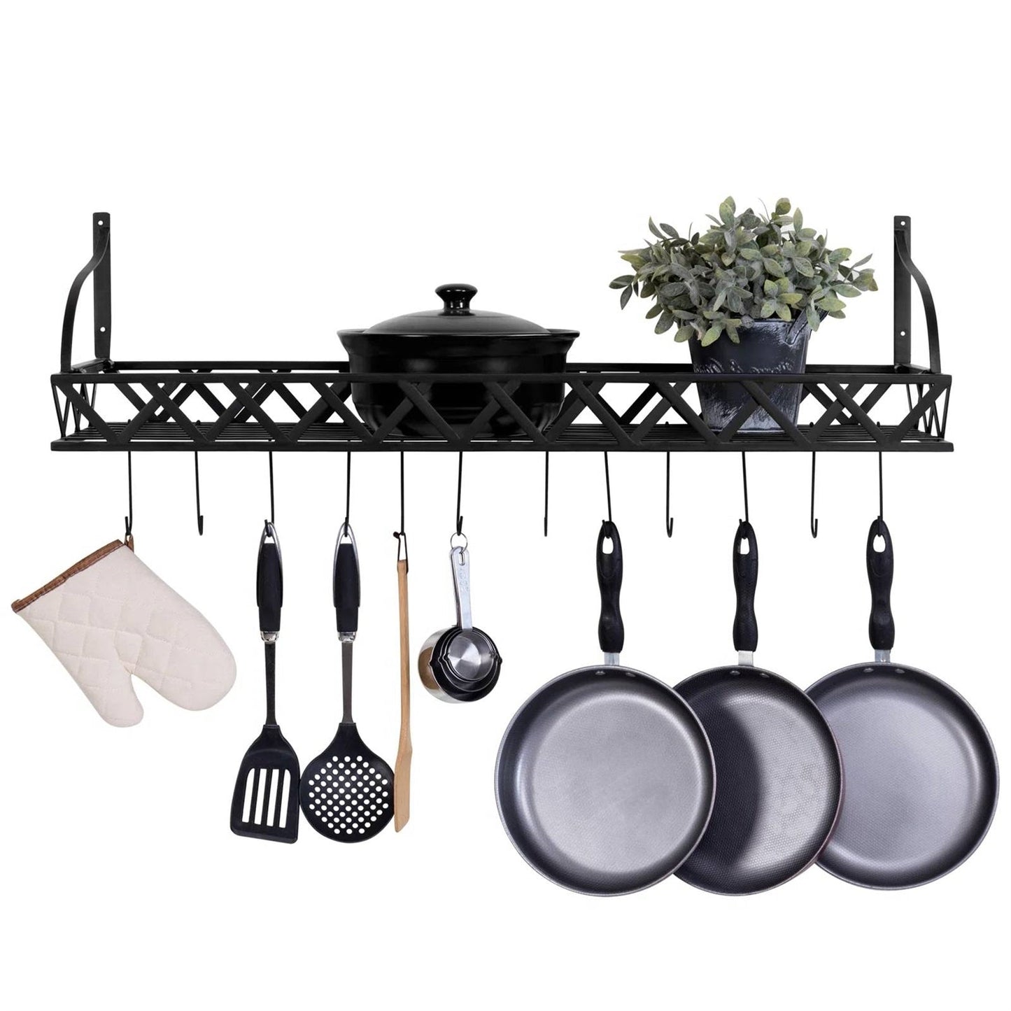 Black Metal Rectangular Wall Mounted Kitchen Pot Rack with 12 Hanging Hooks LuxuryLifeWay Online Store