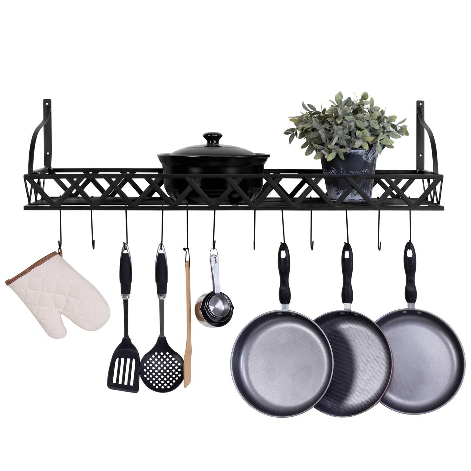 Black Metal Rectangular Wall Mounted Kitchen Pot Rack with 12 Hanging Hooks LuxuryLifeWay Online Store