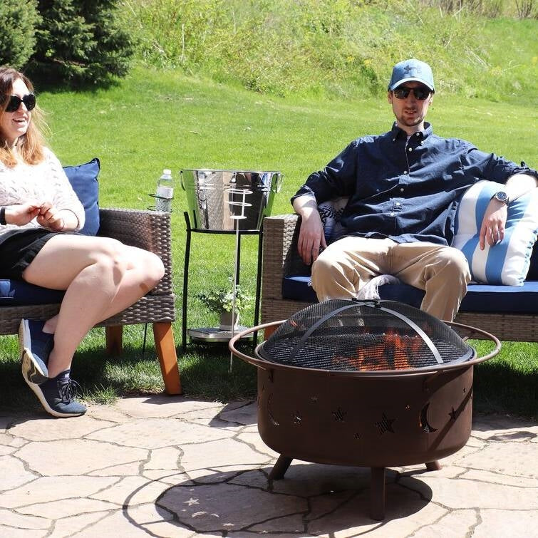 Moon Stars Sky Steel Fire Pit Bowl with Screen Cooking Grate and Poker LuxuryLifeWay Online Store