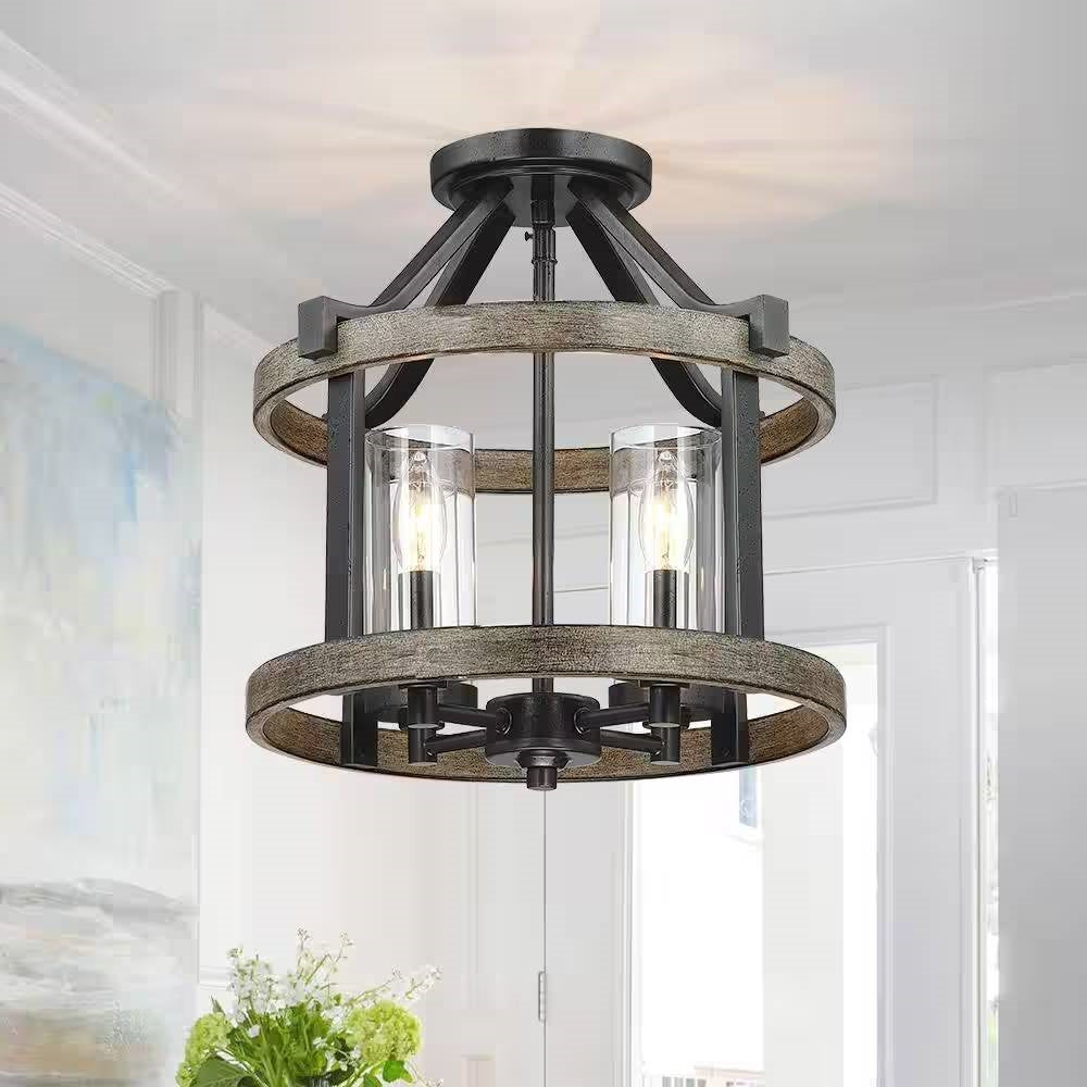 Round 4-Light 12.5-inch Metal Wood Farmhouse Ceiling Lamp - Semi-Flush Mount LuxuryLifeWay Online Store