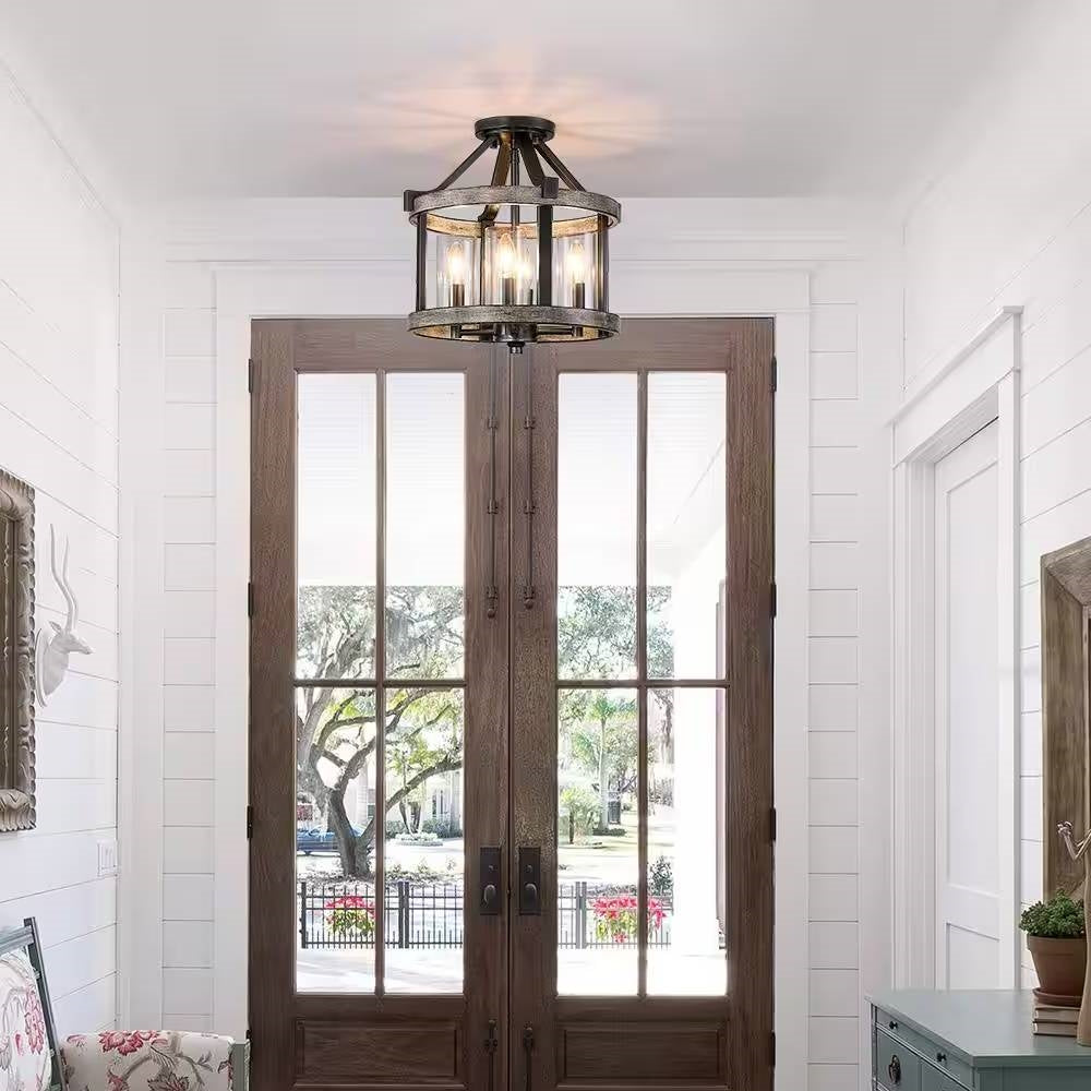 Round 4-Light 12.5-inch Metal Wood Farmhouse Ceiling Lamp - Semi-Flush Mount LuxuryLifeWay Online Store