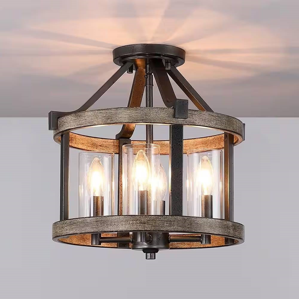 Round 4-Light 12.5-inch Metal Wood Farmhouse Ceiling Lamp - Semi-Flush Mount LuxuryLifeWay Online Store