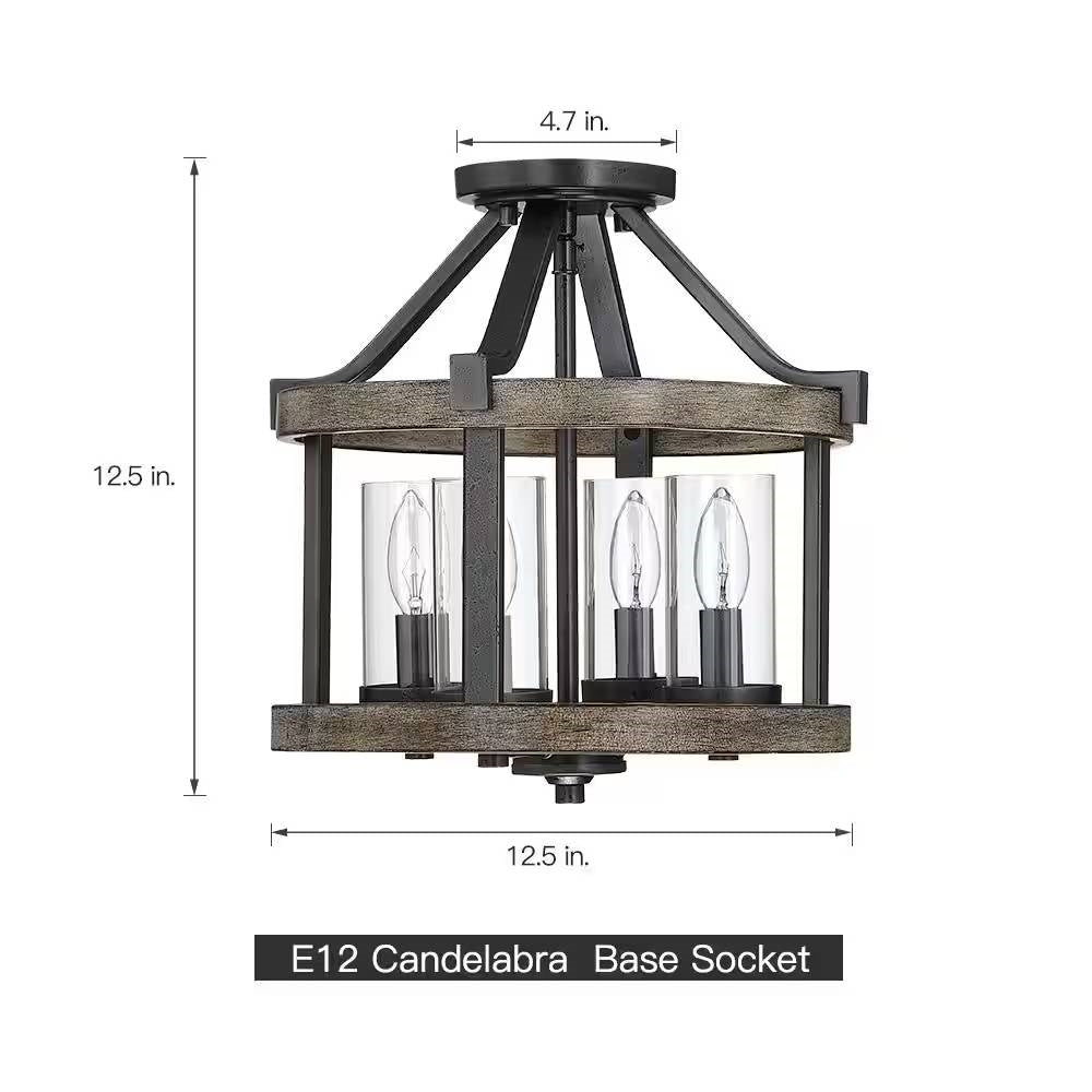 Round 4-Light 12.5-inch Metal Wood Farmhouse Ceiling Lamp - Semi-Flush Mount LuxuryLifeWay Online Store
