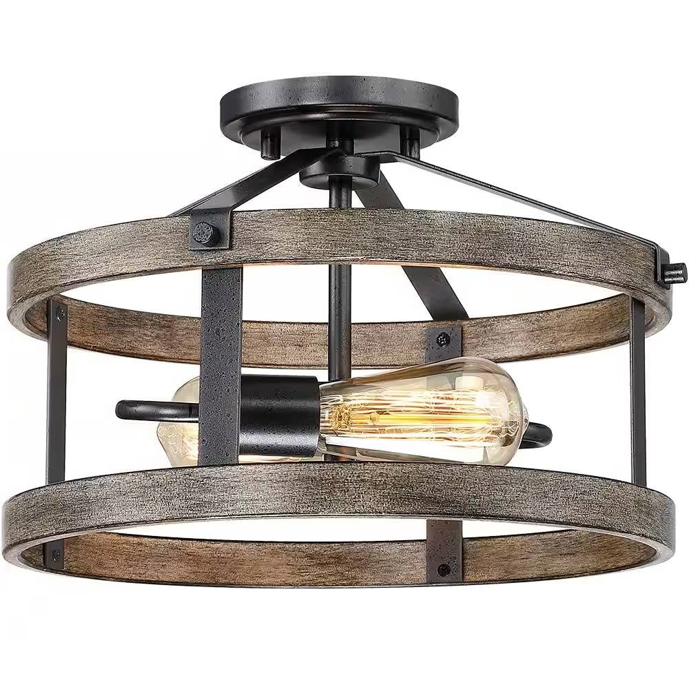 Round 13-inch Metal Wood Farmhouse 2-Light Ceiling Lamp - Semi-Flush Mount LuxuryLifeWay Online Store