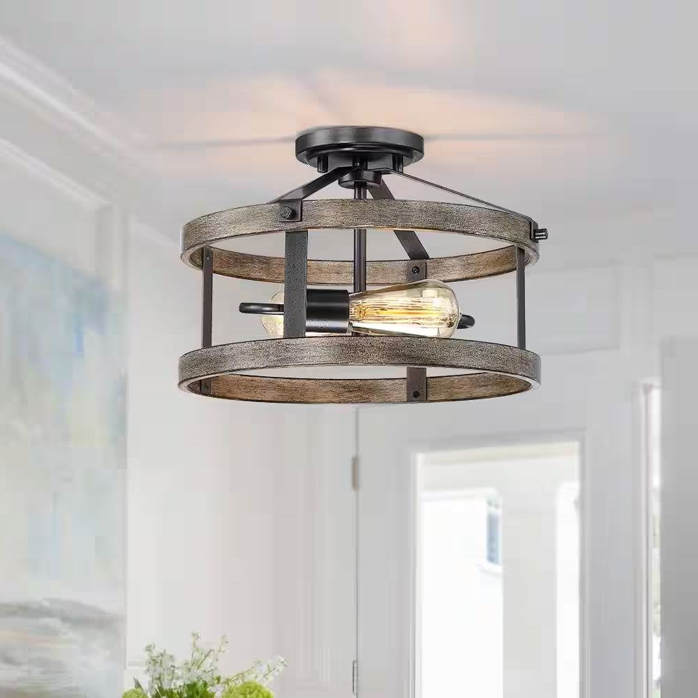 Round 13-inch Metal Wood Farmhouse 2-Light Ceiling Lamp - Semi-Flush Mount LuxuryLifeWay Online Store