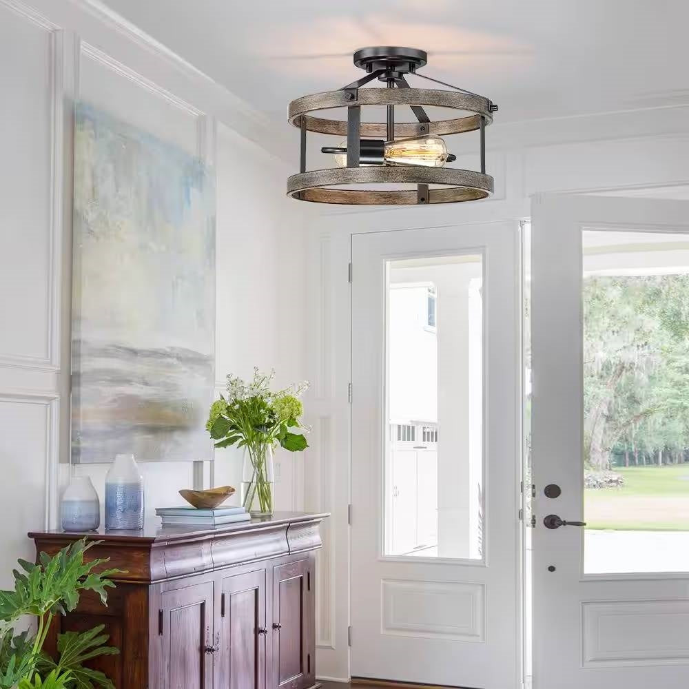 Round 13-inch Metal Wood Farmhouse 2-Light Ceiling Lamp - Semi-Flush Mount LuxuryLifeWay Online Store