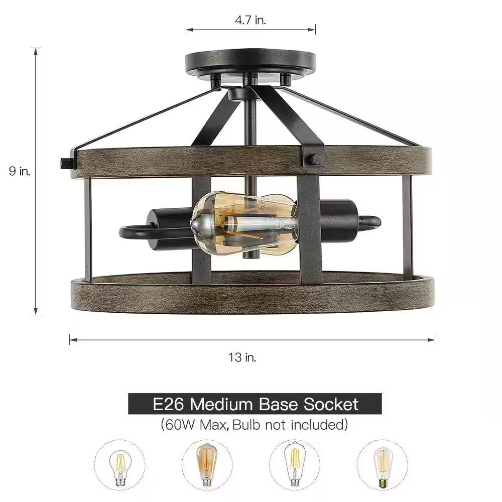 Round 13-inch Metal Wood Farmhouse 2-Light Ceiling Lamp - Semi-Flush Mount LuxuryLifeWay Online Store