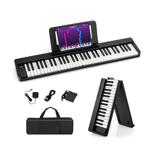 61-Key Folding Piano Keyboard with Full Size Keys and Music Stand-Black LuxuryLifeWay Online Store