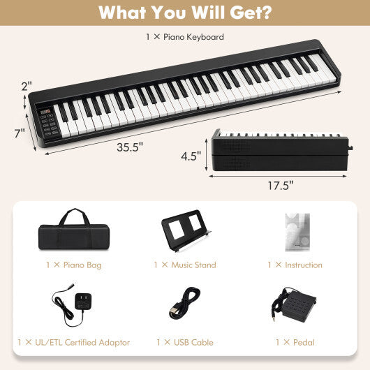 61-Key Folding Piano Keyboard with Full Size Keys and Music Stand-Black LuxuryLifeWay Online Store