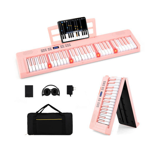 61-Key Foldable Piano Keyboard Full-size Electronic Keyboard with MIDI and Split Function-Pink LuxuryLifeWay Online Store