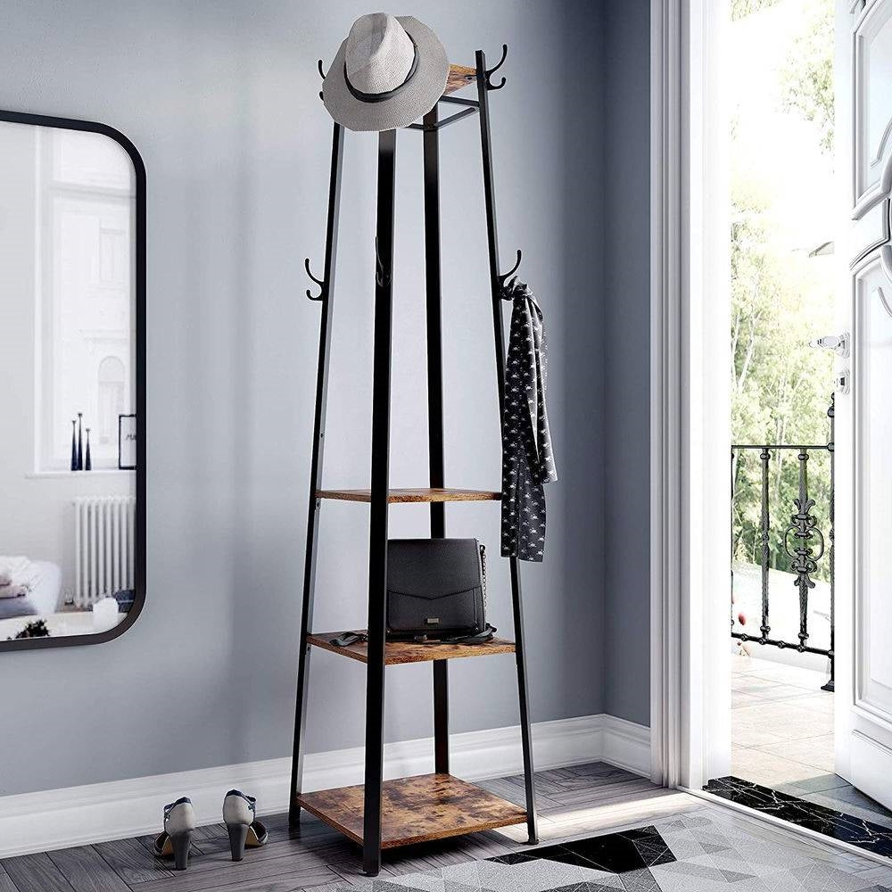 Modern Industrial Metal Frame Wood Shelf Coat Rack with 3-Shelves LuxuryLifeWay Online Store