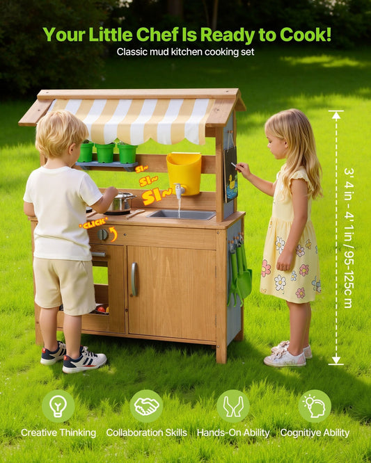 Mud Kitchen, Outdoor Mud Kitchen for Kids, Wood Outdoor Play Kitchens with Spoons, Sink, Tank, Sunshade Canopy, Shovels, Cookware Pots and Accessories, Wooden Play Kitchens for Home, Lawn LuxuryLifeWay Online Store