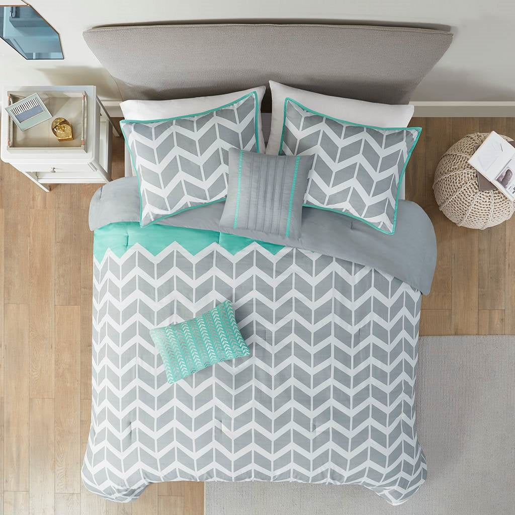 Full/Queen Reversible Comforter Set with Grey White Aqua Teal Chevron Pattern LuxuryLifeWay Online Store