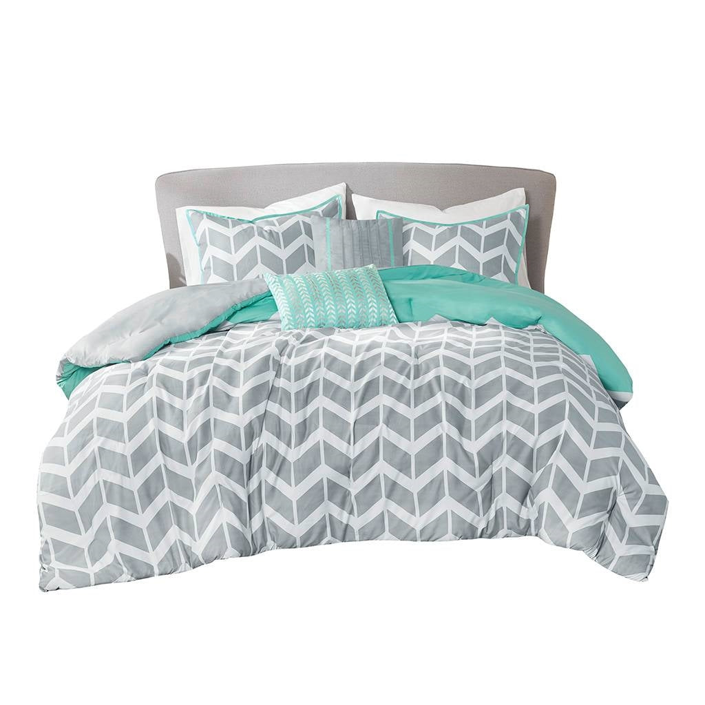 Full/Queen Reversible Comforter Set with Grey White Aqua Teal Chevron Pattern LuxuryLifeWay Online Store