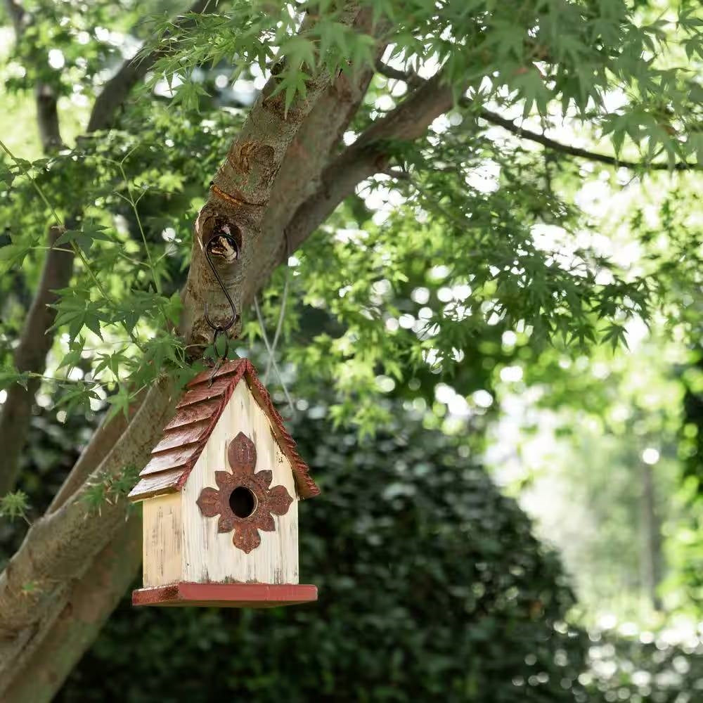 Outdoor A-Frame Solid Wood Bird House with Terracotta Color Slatted Roof LuxuryLifeWay Online Store