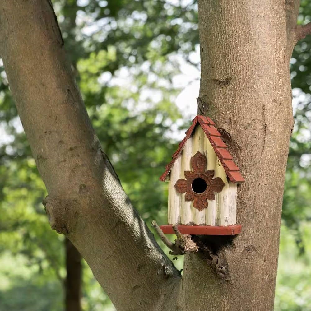 Outdoor A-Frame Solid Wood Bird House with Terracotta Color Slatted Roof LuxuryLifeWay Online Store