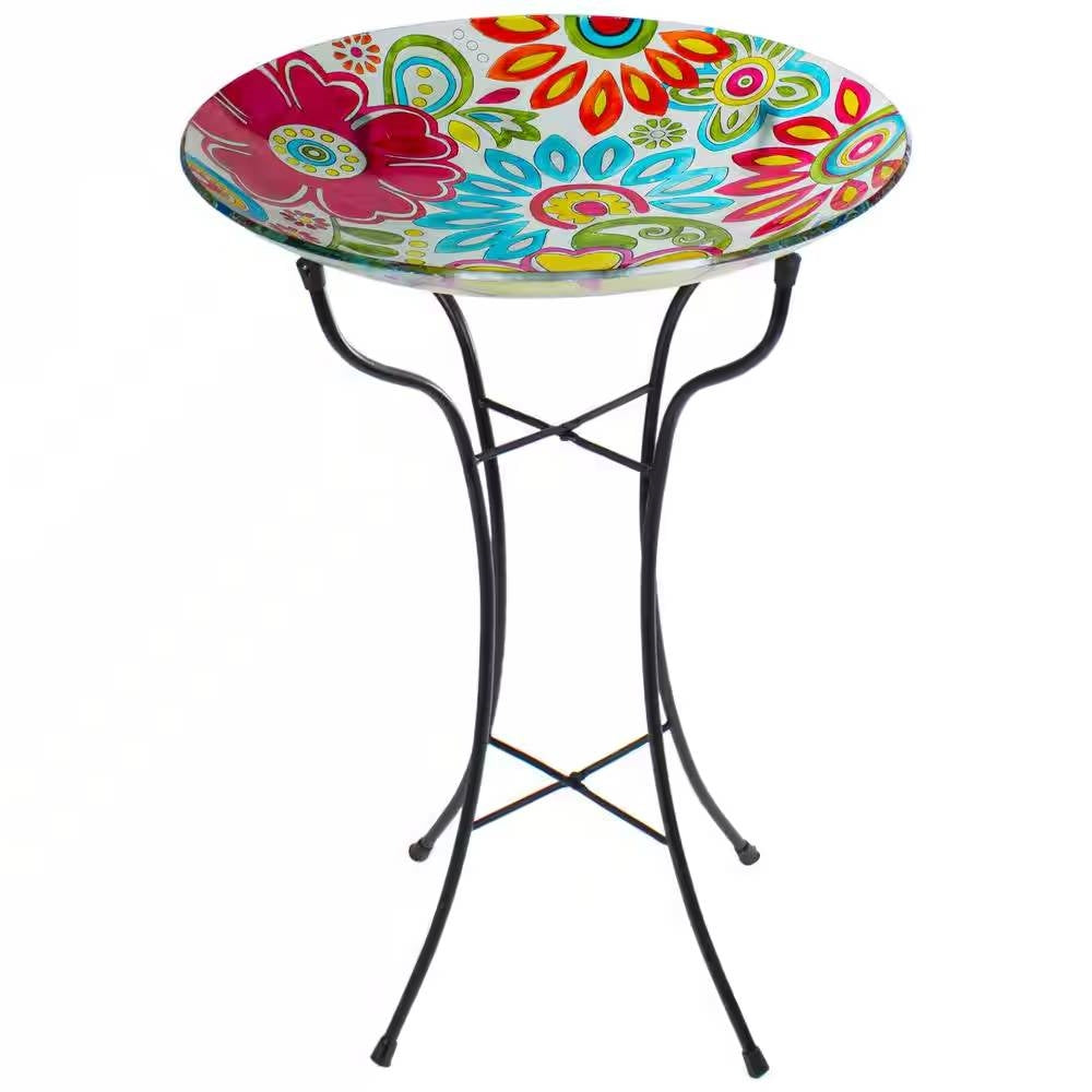 18-inch Blue Yellow Red Pastel Flowers Painted Glass Outdoor Bird Bath w/ Stand LuxuryLifeWay Online Store