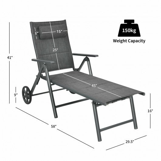 Patio Reclining Chaise Lounge with Adjust Neck Pillow-Gray LuxuryLifeWay Online Store