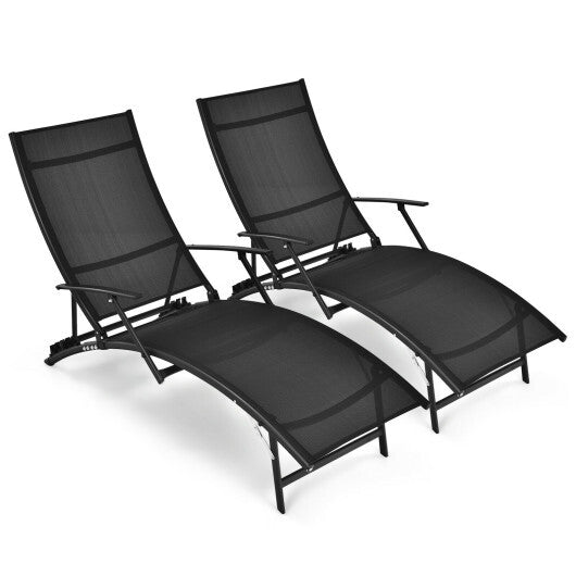 2 Pieces Patio Folding Stackable Lounge Chair Chaise with Armrest-Black LuxuryLifeWay Online Store