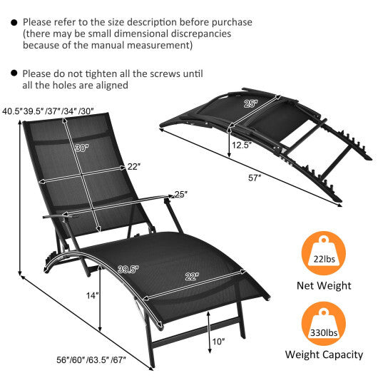 2 Pieces Patio Folding Stackable Lounge Chair Chaise with Armrest-Black LuxuryLifeWay Online Store