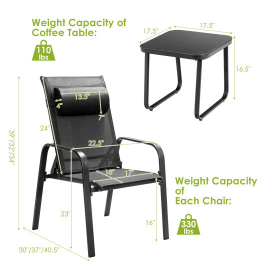 3 Pieces Patio Bistro Furniture Set with Adjustable Backrest-Black LuxuryLifeWay Online Store