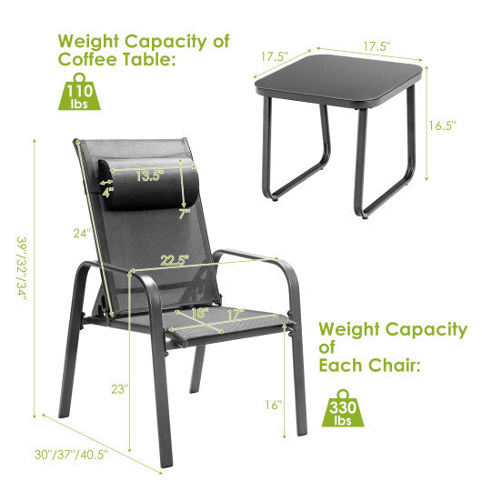 3 Pieces Patio Bistro Furniture Set with Adjustable Backrest-Black LuxuryLifeWay Online Store
