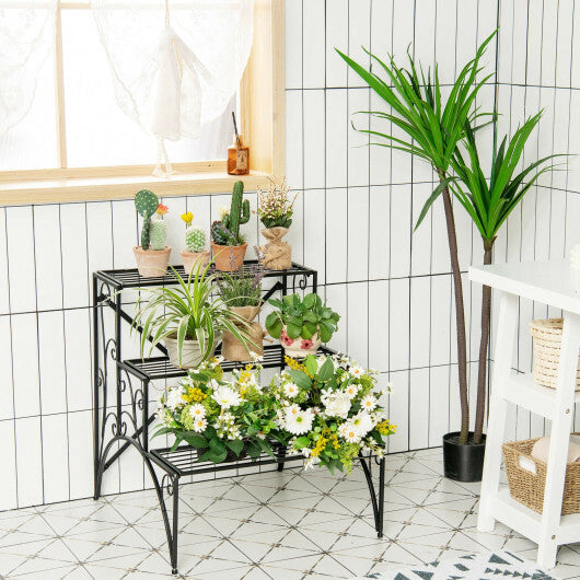 3-Tier Metal Plant Stand with Widened Grid Shelf for Porch Garden-Black LuxuryLifeWay Online Store