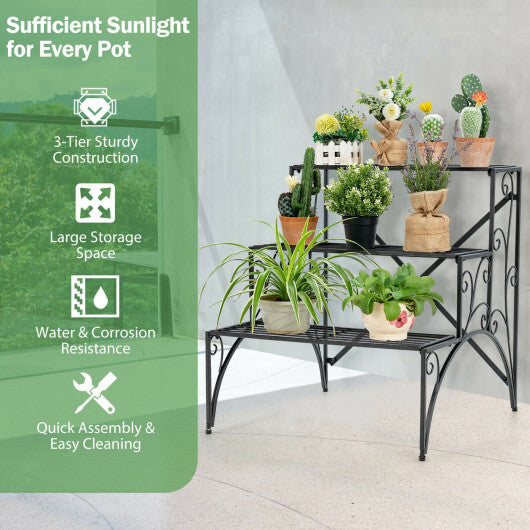 3-Tier Metal Plant Stand with Widened Grid Shelf for Porch Garden-Black LuxuryLifeWay Online Store