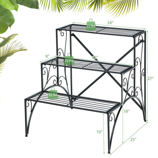 3-Tier Metal Plant Stand with Widened Grid Shelf for Porch Garden-Black LuxuryLifeWay Online Store