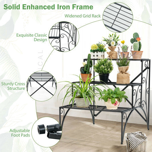 3-Tier Metal Plant Stand with Widened Grid Shelf for Porch Garden-Black LuxuryLifeWay Online Store