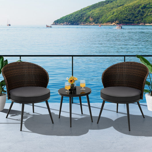 3 Pieces Patio Rattan Bistro Set with 2 Seat Cushions and Tempered Glass Tabletop-Brown LuxuryLifeWay Online Store