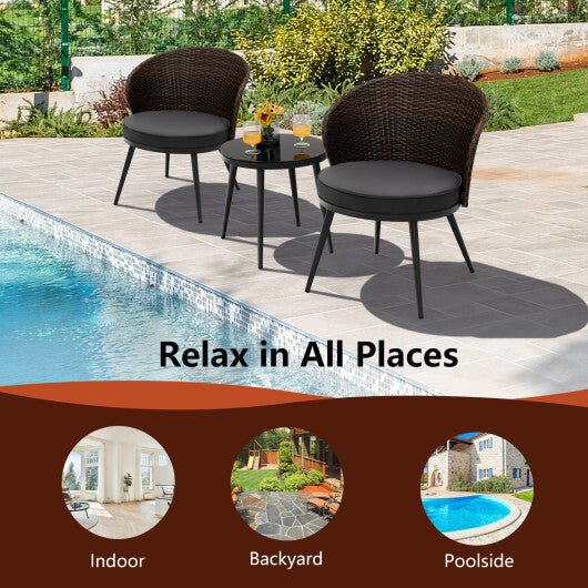 3 Pieces Patio Rattan Bistro Set with 2 Seat Cushions and Tempered Glass Tabletop-Brown LuxuryLifeWay Online Store