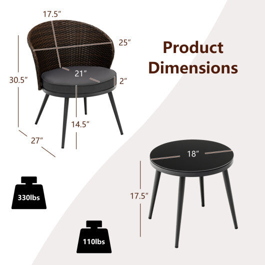 3 Pieces Patio Rattan Bistro Set with 2 Seat Cushions and Tempered Glass Tabletop-Brown LuxuryLifeWay Online Store