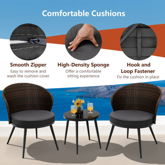 3 Pieces Patio Rattan Bistro Set with 2 Seat Cushions and Tempered Glass Tabletop-Brown LuxuryLifeWay Online Store