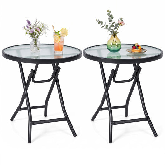 Set of 2 Round Patio Side Table with Tempered Glass Top-Black LuxuryLifeWay Online Store
