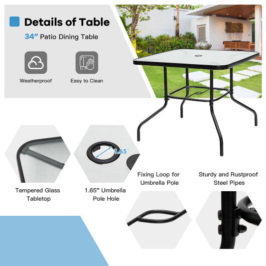 35 Inch Patio Dining Square Tempered Glass Table with Umbrella Hole LuxuryLifeWay Online Store