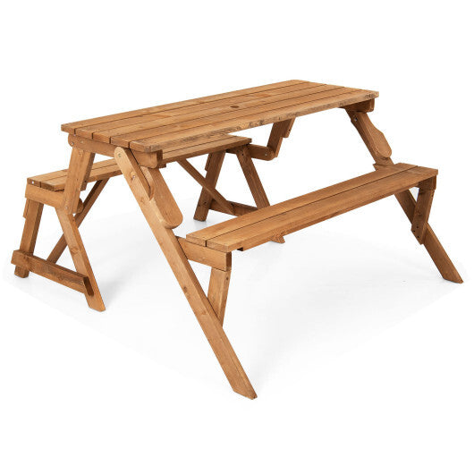 2-in-1 Transforming Interchangeable Wooden Picnic Table Bench with Umbrella Hole-Dark Brown LuxuryLifeWay Online Store
