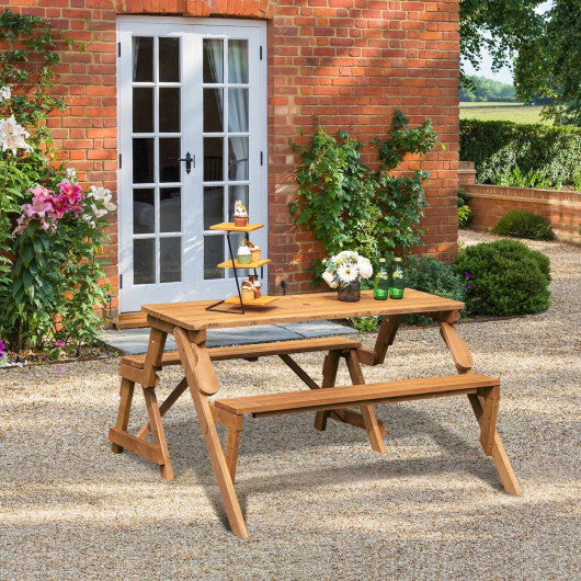 2-in-1 Transforming Interchangeable Wooden Picnic Table Bench with Umbrella Hole-Dark Brown LuxuryLifeWay Online Store