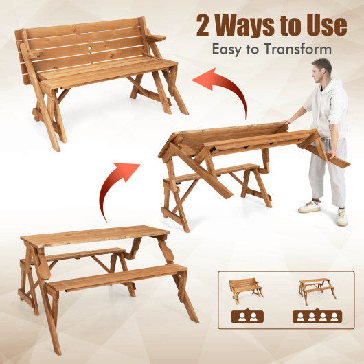 2-in-1 Transforming Interchangeable Wooden Picnic Table Bench with Umbrella Hole-Dark Brown LuxuryLifeWay Online Store