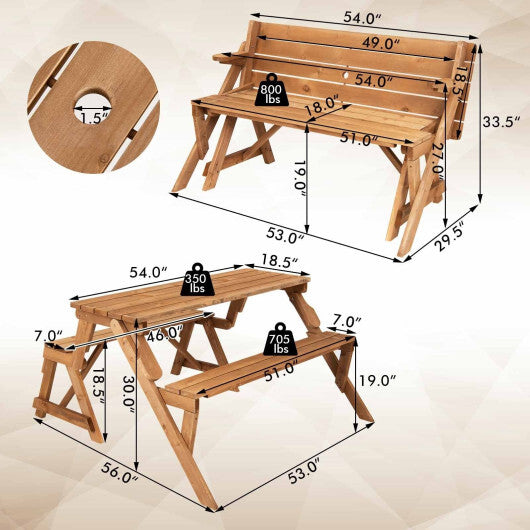 2-in-1 Transforming Interchangeable Wooden Picnic Table Bench with Umbrella Hole-Dark Brown LuxuryLifeWay Online Store