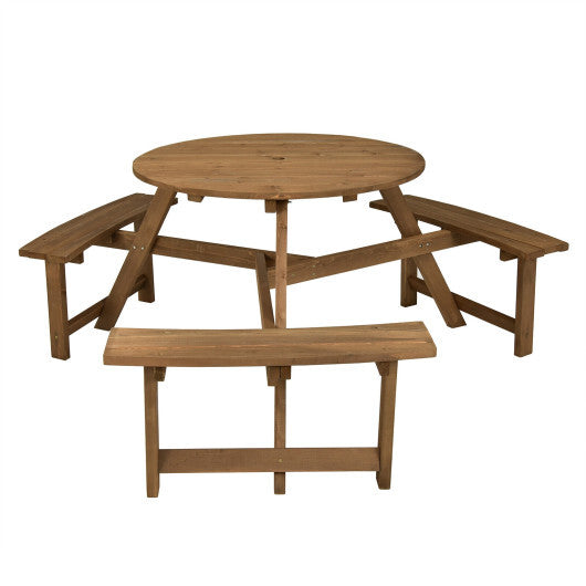6-person Round Wooden Picnic Table with Umbrella Hole and 3 Built-in Benches-Dark Brown LuxuryLifeWay Online Store
