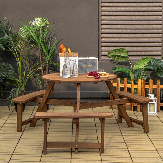 6-person Round Wooden Picnic Table with Umbrella Hole and 3 Built-in Benches-Dark Brown LuxuryLifeWay Online Store