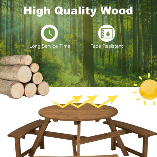 6-person Round Wooden Picnic Table with Umbrella Hole and 3 Built-in Benches-Dark Brown LuxuryLifeWay Online Store