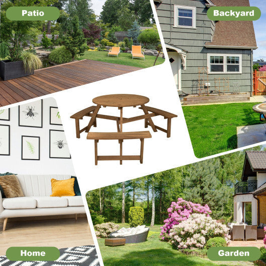 6-person Round Wooden Picnic Table with Umbrella Hole and 3 Built-in Benches-Dark Brown LuxuryLifeWay Online Store