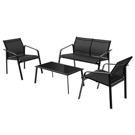 4 Pieces Patio Furniture Set with Armrest Loveseat Sofas and Glass Table Deck-Gray LuxuryLifeWay Online Store