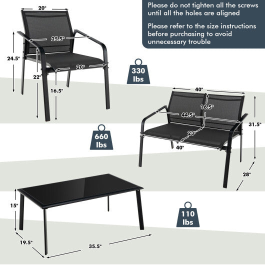 4 Pieces Patio Furniture Set with Armrest Loveseat Sofas and Glass Table Deck-Gray LuxuryLifeWay Online Store