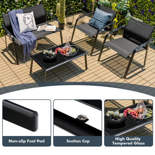 4 Pieces Patio Furniture Set with Armrest Loveseat Sofas and Glass Table Deck-Gray LuxuryLifeWay Online Store