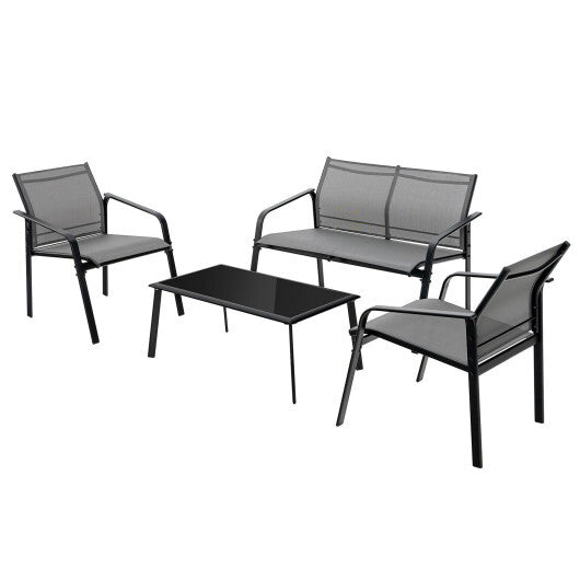 4 Pieces Patio Furniture Set with Armrest Loveseat Sofas and Glass Table Deck-Gray LuxuryLifeWay Online Store