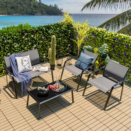 4 Pieces Patio Furniture Set with Armrest Loveseat Sofas and Glass Table Deck-Gray LuxuryLifeWay Online Store